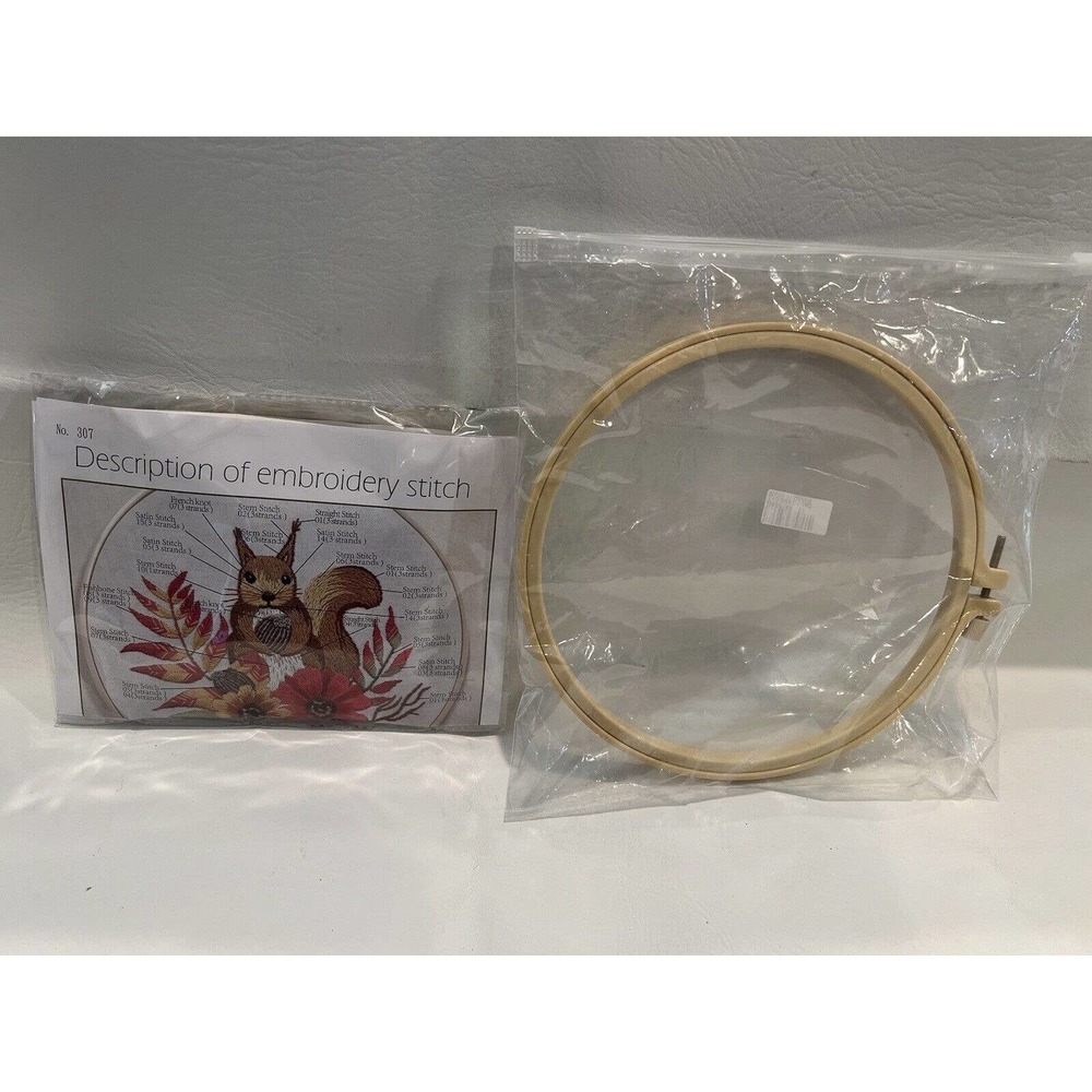 Vtg Fall DIY Embroidery Stitch Kit Autumn Squirrel With Leaves, Flowers & Acorns